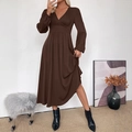 Elegant deep coffee V-neck long-sleeve maxi dress with high waist and pleated skirt - S / Brown