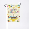 Birthday garden flag in cream yellow with cake and balloons on a black metal stand - Beige Crown Cake Style
