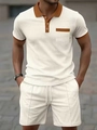 Detail of waffle knit fabric on men's polo set with contrast collar and chest pocket - S / Khaki