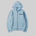 Détail du sweat à capuche bleu clair zippé avec imprimé BO$$ noir et bords côtelés - S / Bleu Clair (3)