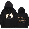 Detailed back view of a black hoodie featuring space galaxy prints and Spanish text - S / Tops / Black
