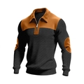 Men's color block half-zip knit polo shirt with herringbone texture and elbow patches - S / Black
