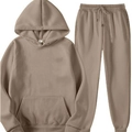 Detail view of khaki sports tracksuit showing drawstring hoodie and matching jogger pants - Camel