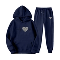 Dark blue tracksuit set with hooded sweatshirt and leopard heart heartbeat 3D print - S / Navy Blue