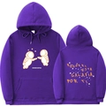 Detailed front and back view of a dark purple hoodie with astronaut prints and Spanish text - S / Tops / Deep purple