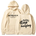Beige oversized hoodie with Keep print, front and back view minimalist design - S / Beige (Black Print)