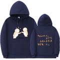Dark blue 3D astronaut hoodie featuring Spanish galaxy text on front and back views - S / Tops / Dark Blue