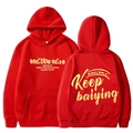 Red hooded sweatshirt with Keep graphic print and front pocket for men and women - S / Red (Yellow Print)