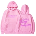 Pink hooded sweatshirt with front pocket and Keep printed graphic on the back - S / Pink (Yellow Print)