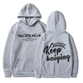 Grey couple hoodie with kangaroo pocket and Keep print on back in a minimalist style - S / Grey (Black Print)