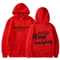Red hooded sweatshirt with Keep graphic print on front and back, casual street style - S / Red (Black Print)