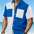 Men's summer short sleeve casual shirt in blue and white color block design - S / Sky Blue
