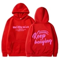 Red hooded sweatshirt with pink purple graphic prints on front and back sides - S / Red (Purple Print)