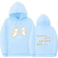 Light blue hoodie with 3D astronaut print and Spanish text, front and back view - S / Tops / Light Blue