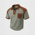 Men's sage green waffle knit polo shirt with contrast brown zipper collar and pocket - S / Gray