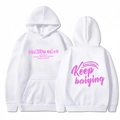 White unisex hoodie with pink Keep graphic print on front and back view - S / White (Pink Print)