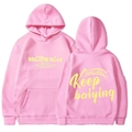Pink unisex hoodie with Keep lettering, showing front and back views on white background - S / Pink (Yellow Print)