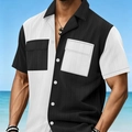 Men's summer short sleeve shirt with black and white color block design and dual pockets - S / Black