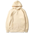 Detail of cream beige hoodie showing ribbed cuffs, kangaroo pocket and adjustable drawstring - Beige