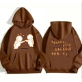Dark brown 3D astronaut print hoodie with galaxy text on the front and back views - S / Tops / Dark Coffee