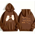 Brown 3D astronaut hoodie featuring cartoon graphics and Spanish text on back side - S / Tops / Dark Brown
