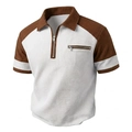 Polo homme en maille gaufrée blanche avec bordures marron et poche de poitrine zippée - S / Blanc
