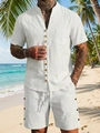 Men's linen vacation set in beige featuring short sleeve shirt and drawstring shorts - S / Off White