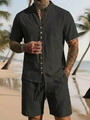 Men's dark gray linen shirt and shorts set with gold buttons and vertical stripes - S / Black