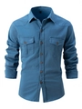 Detail of dark blue cotton shirt with double chest pockets and brown buttons - Sky Blue