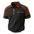 Polo gaufré pour hommes noir et marron avec col zippé et poche décorative zippée - S / Noir