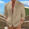 Detailed view of men's khaki cotton linen shirt with retro stand collar and button decor - Khaki