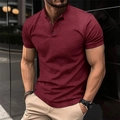 Close-up of wine red slim fit polo shirt with three-button henley collar and textured fabric - S / Burgundy