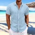 Detail of light blue textured jacquard checkered pattern on men's short sleeve shirt - S / Light Blue
