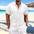 Close-up of white jacquard plaid fabric and lapel detail on men's summer short sleeve shirt - S / White