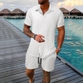 Detail of men's white resort set with textured square pattern shirt and drawstring shorts - S / White