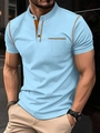 Polo Henley da uomo azzurra con cuciture arancioni a contrasto e taschino sul petto - S / Celeste