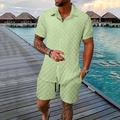 Men's mint green short sleeve summer beach set with waffle texture and drawstring shorts - S / Yellow-Green