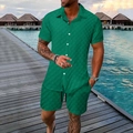 Detail of emerald green waffle knit men's summer shirt and shorts resort set - S / Green