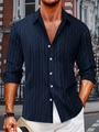 Dettaglio camicia a righe blu navy da uomo con trama geometrica in cotone e lino - S / Blu navy