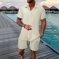 Close-up of men's summer vacation set showing waffle knit texture on shirt and shorts - S / Off White