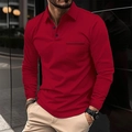 Detailed close-up of men's red long sleeve polo shirt featuring a chest pocket and buttons - S / Red