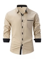 Camisa de hombre entallada de manga larga en color caqui y negro con bloques de color - S / Caqui