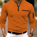 Polo da uomo arancione a scacchi con maniche lunghe e dettagli con cerniera nera sul petto - S / Arancione