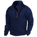 Men's navy blue tactical fleece pullover with stand collar and brown half-zip closure - S / Navy Blue