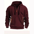 Detail of burgundy hoodie with orange zipper and brown leather buckle accents - S / Burgundy