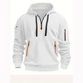 White hooded hoodie for men with functional zippers and stylish orange accents on pockets - S / White