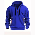 Detail view of royal blue hoodie showing half-zip closure and tactical leather-trimmed pockets - S / Blue