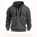 Detailed view of dark grey hoodie with tactical pockets, leather accents and metal buckles - S / Dark Gray