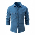 Classic blue long sleeve work shirt for men featuring double chest pockets and metallic buttons - S / Tops / Blue
