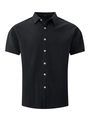 Detailed close-up of men's black short sleeve shirt featuring waffled texture and buttoned collar - S / Black